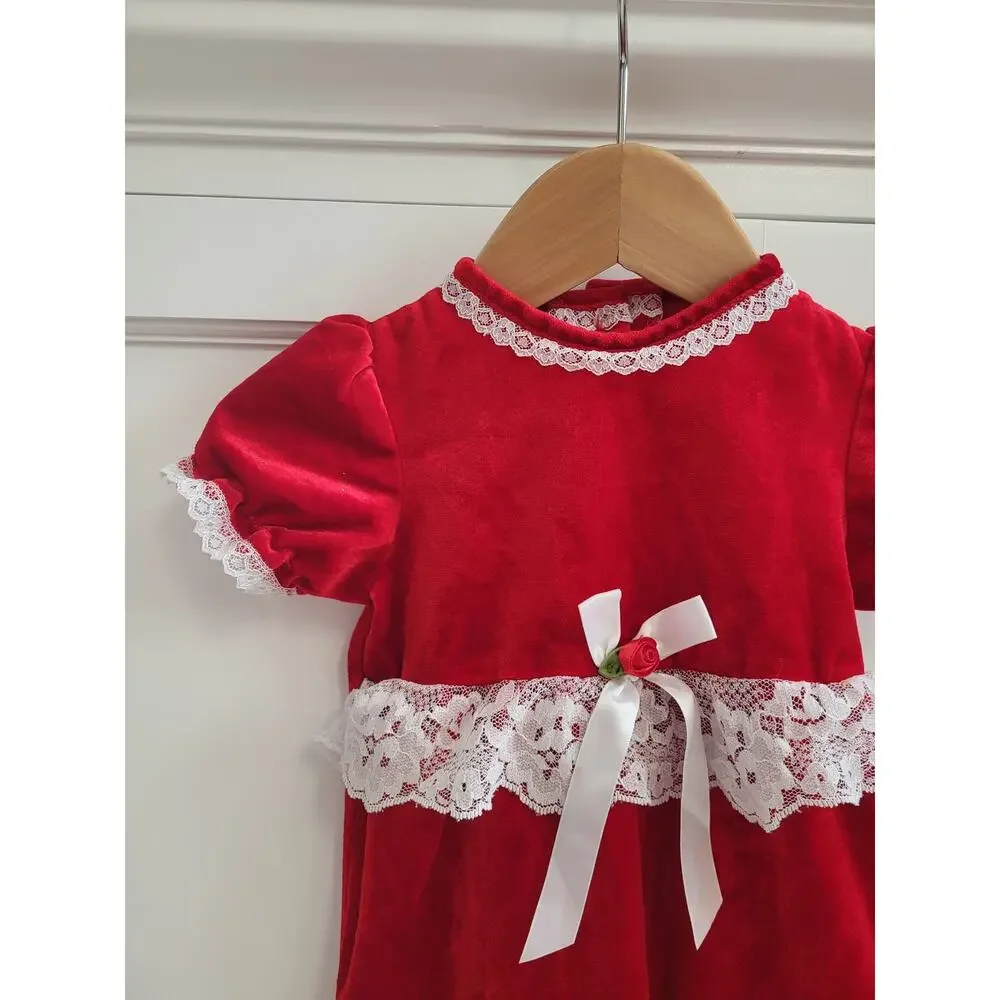 VTG 80s Violet Rose Red Velvet Lace Baby Christmas Romper Jumpsuit - Picture 2 of 5